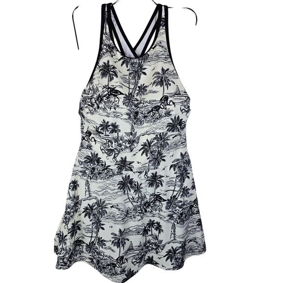 Lands End Black Cream Hawiian Scene Built In Bra One Piece SwimDress Women's 14L - Picture 1 of 4